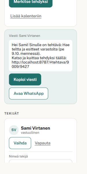 Tehtävä nimetty, valmis WhatsApp-viesti tekijälle