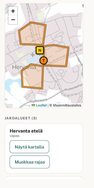 Kartta: jakoalueet, noutopiste ja tapahtuma